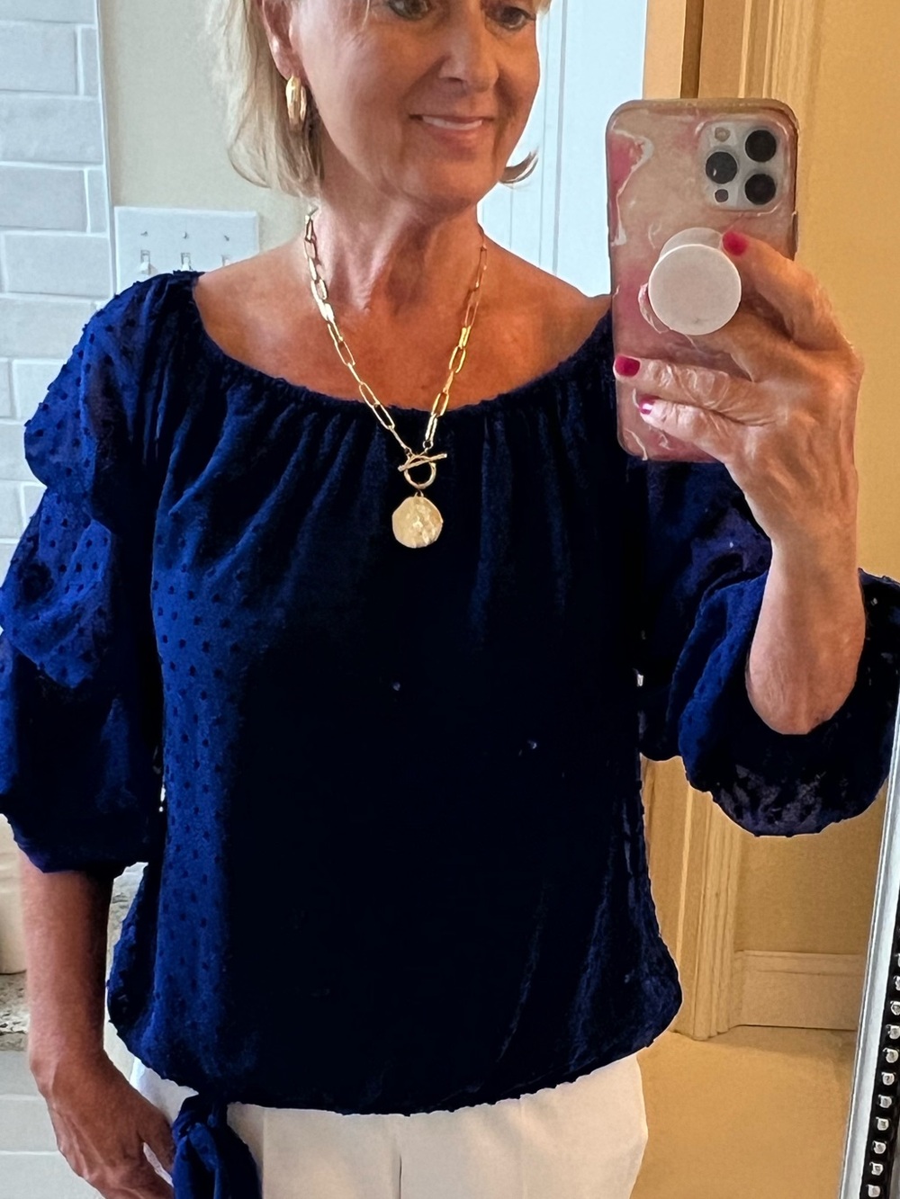 CeCe Royal Blue Textured Sheer Blouse with Tie